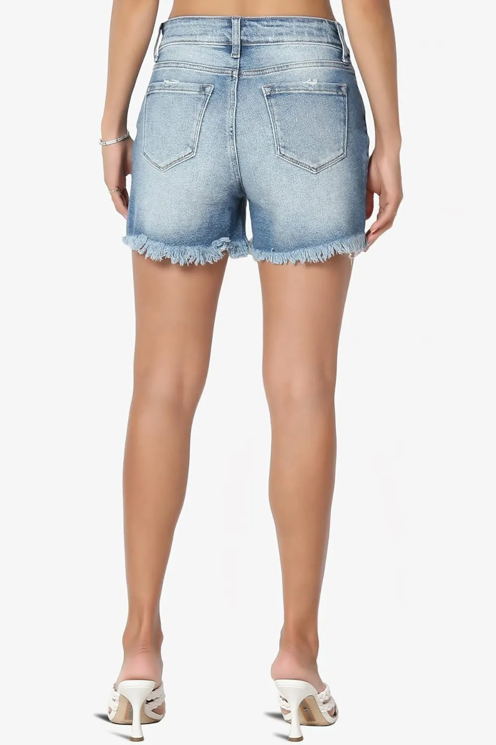 TheMogan S~XL Ladylike Frayed Hem Faded Wash High Waisted Stretch Denim Shorts