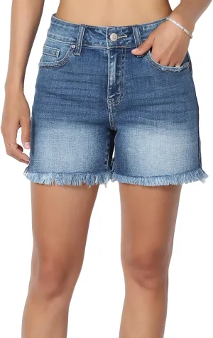 TheMogan S~XL Ladylike Frayed Hem Faded Wash High Waisted Stretch Denim Shorts