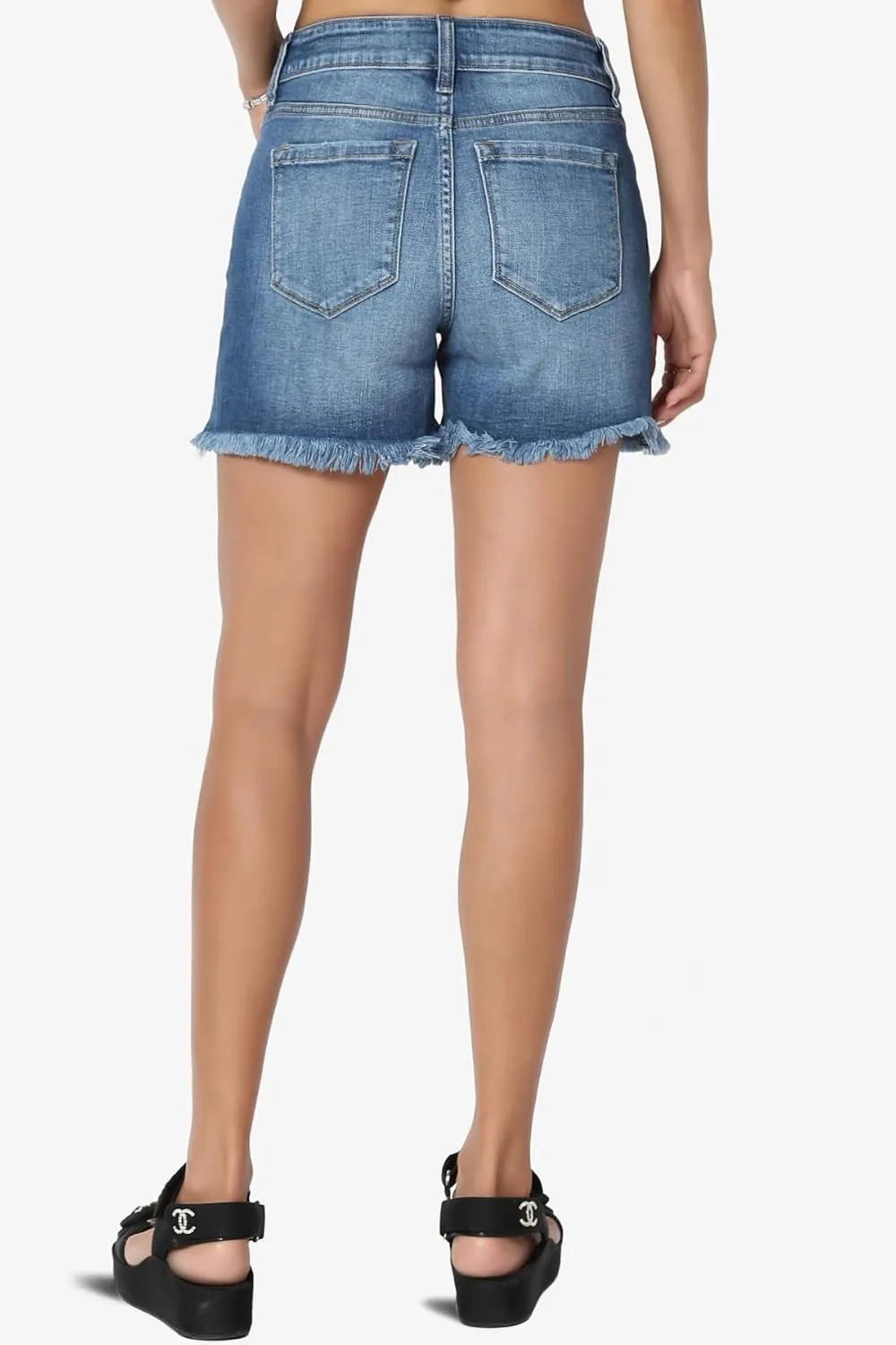 TheMogan S~XL Ladylike Frayed Hem Faded Wash High Waisted Stretch Denim Shorts