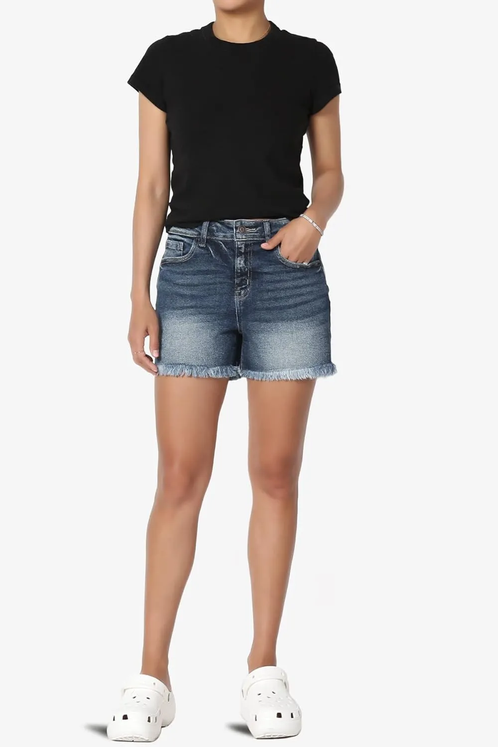 TheMogan S~XL Ladylike Frayed Hem Faded Wash High Waisted Stretch Denim Shorts