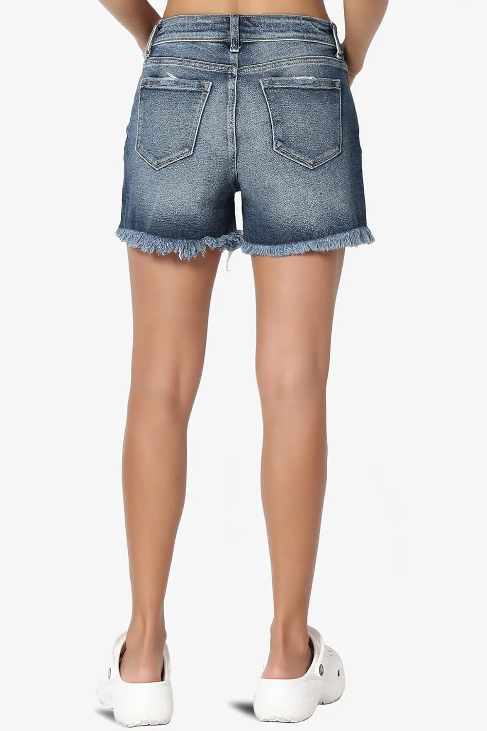 TheMogan S~XL Ladylike Frayed Hem Faded Wash High Waisted Stretch Denim Shorts