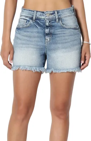 TheMogan S~XL Ladylike Frayed Hem Faded Wash High Waisted Stretch Denim Shorts