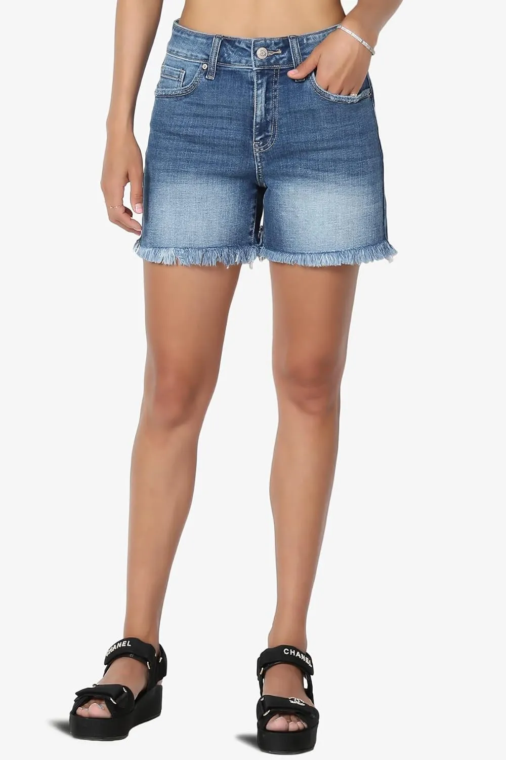 TheMogan S~XL Ladylike Frayed Hem Faded Wash High Waisted Stretch Denim Shorts