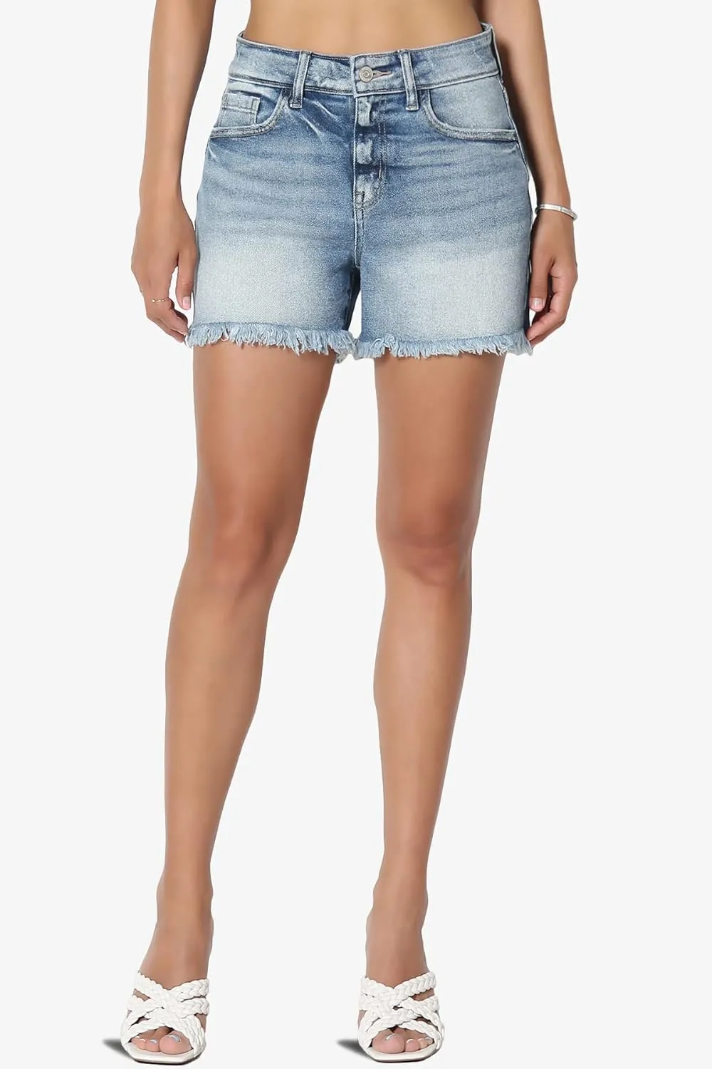 TheMogan S~XL Ladylike Frayed Hem Faded Wash High Waisted Stretch Denim Shorts