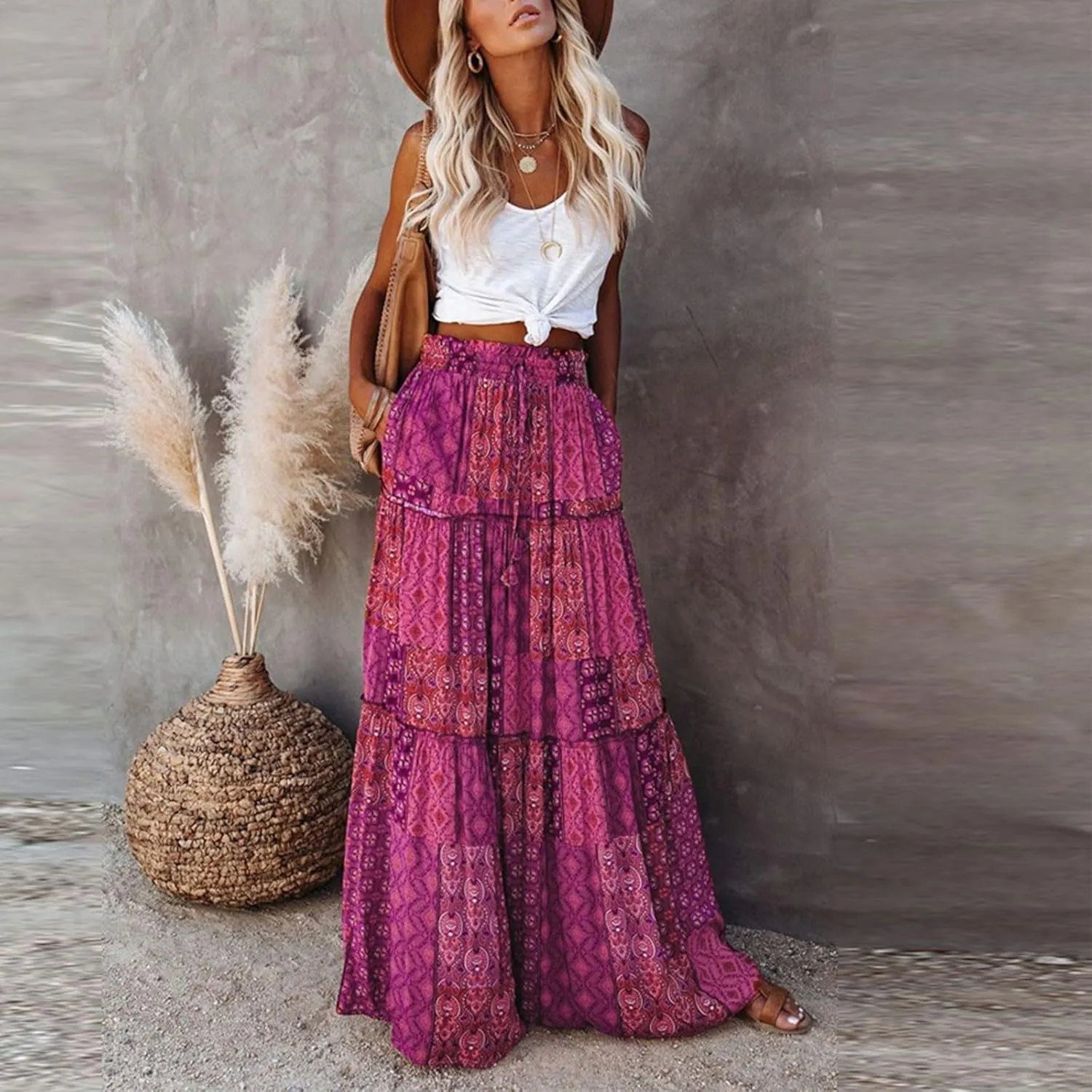 Tiered Pleated Skirts for Women Boho Floral Beach A Line Maxi Skirt Summer Casual High Waist Long Skirts with Pockets