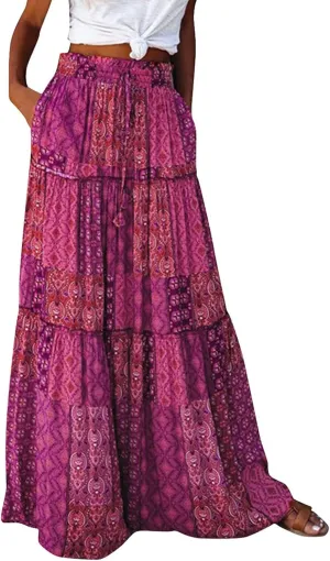 Tiered Pleated Skirts for Women Boho Floral Beach A Line Maxi Skirt Summer Casual High Waist Long Skirts with Pockets