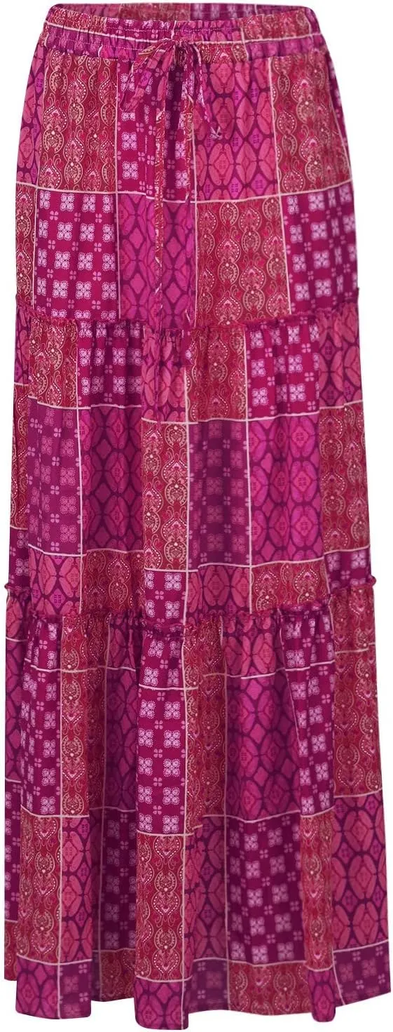 Tiered Pleated Skirts for Women Boho Floral Beach A Line Maxi Skirt Summer Casual High Waist Long Skirts with Pockets