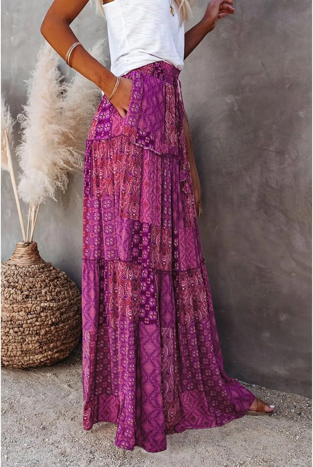 Tiered Pleated Skirts for Women Boho Floral Beach A Line Maxi Skirt Summer Casual High Waist Long Skirts with Pockets