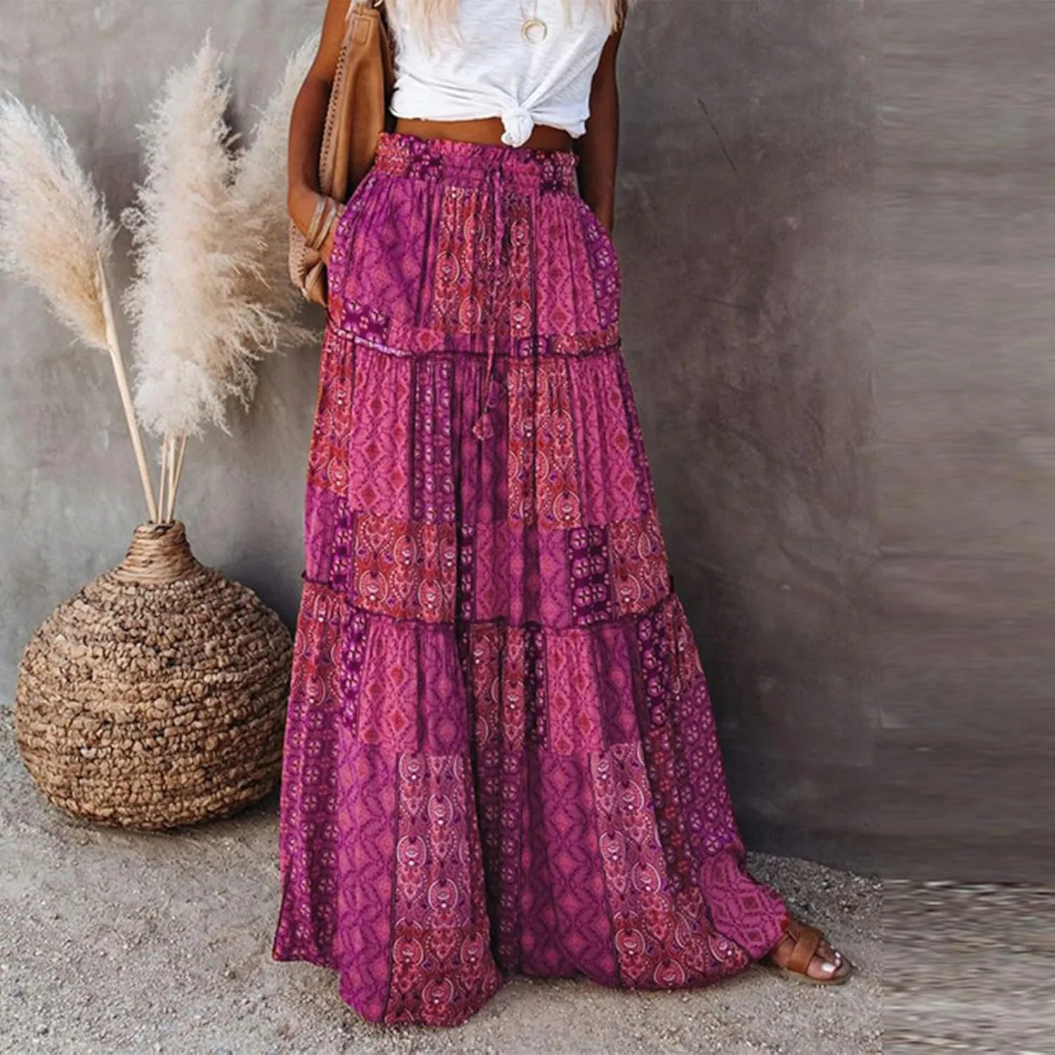 Tiered Pleated Skirts for Women Boho Floral Beach A Line Maxi Skirt Summer Casual High Waist Long Skirts with Pockets