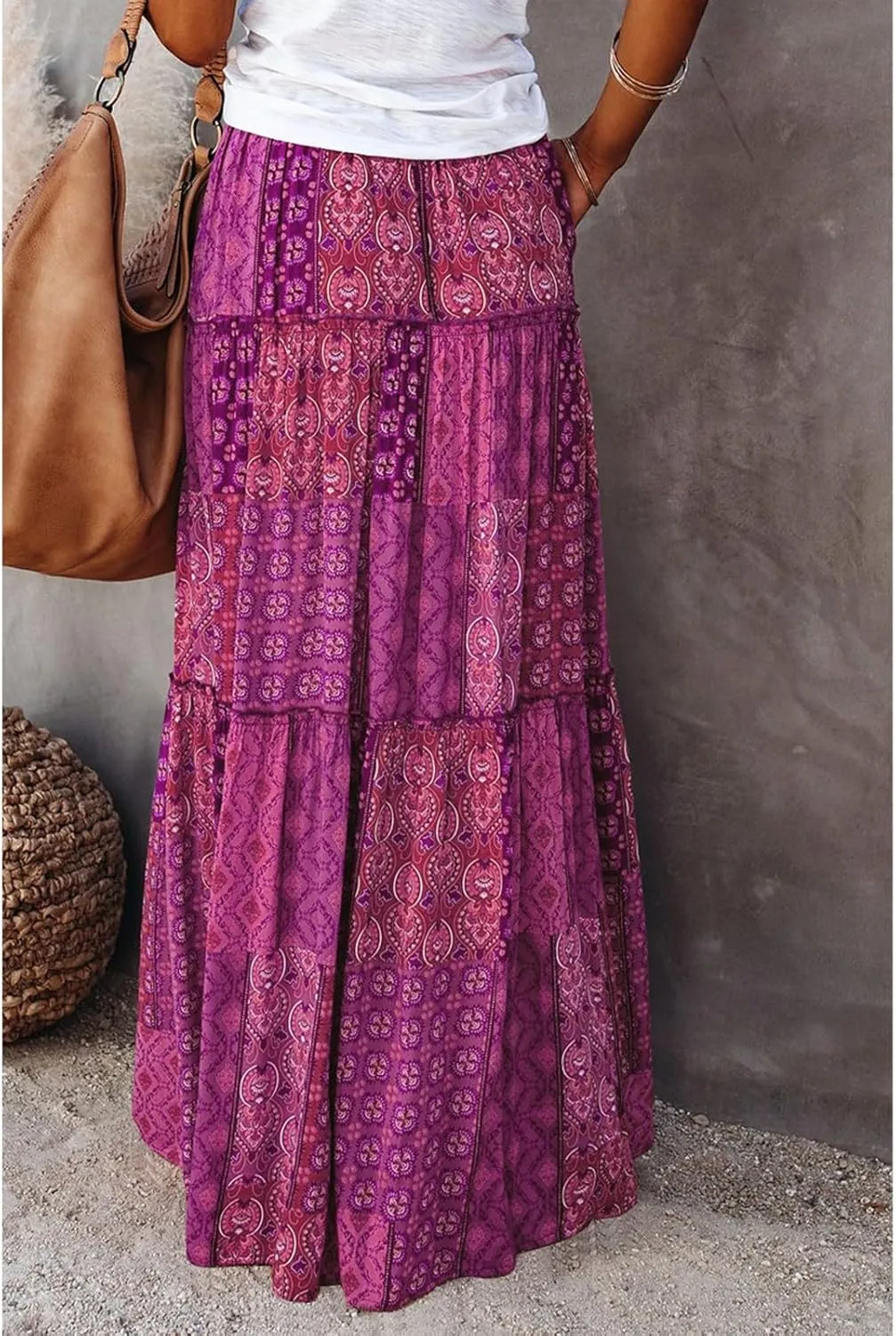 Tiered Pleated Skirts for Women Boho Floral Beach A Line Maxi Skirt Summer Casual High Waist Long Skirts with Pockets