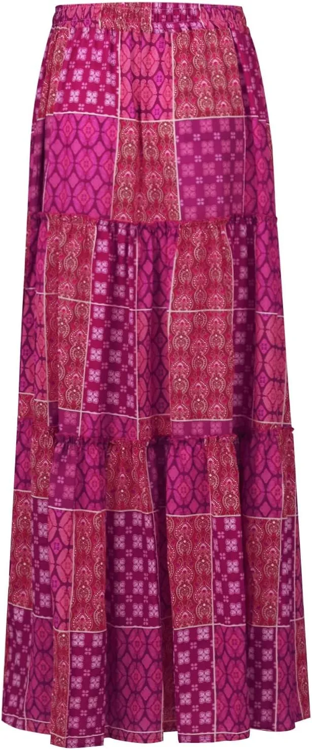 Tiered Pleated Skirts for Women Boho Floral Beach A Line Maxi Skirt Summer Casual High Waist Long Skirts with Pockets