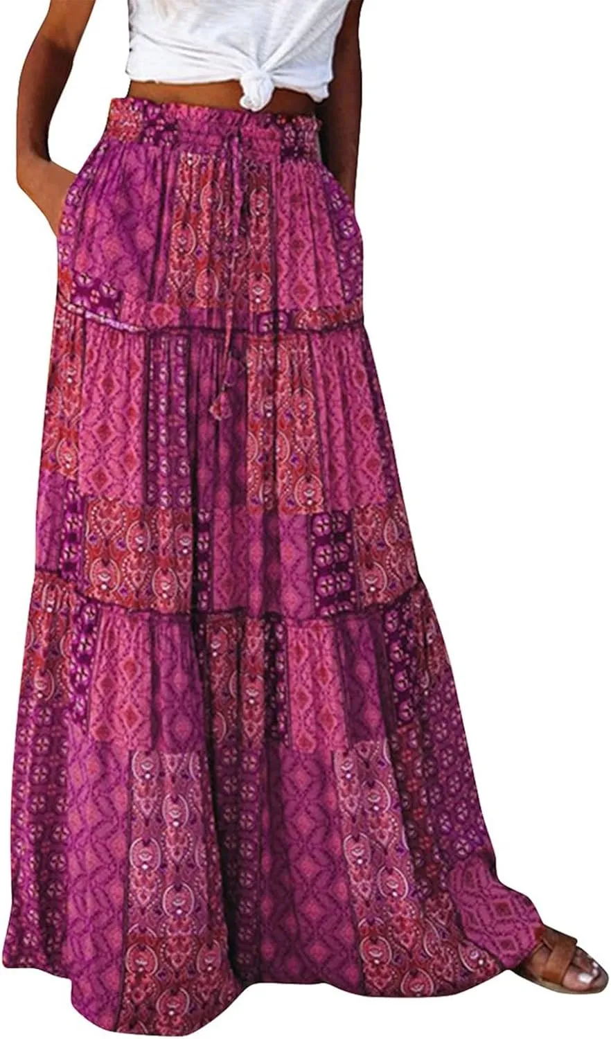 Tiered Pleated Skirts for Women Boho Floral Beach A Line Maxi Skirt Summer Casual High Waist Long Skirts with Pockets