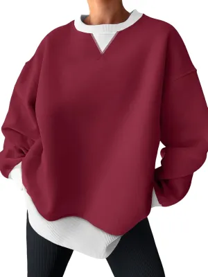 Trendy Queen Women's Oversized Color Block Fleeced Crewneck Sweatshirt