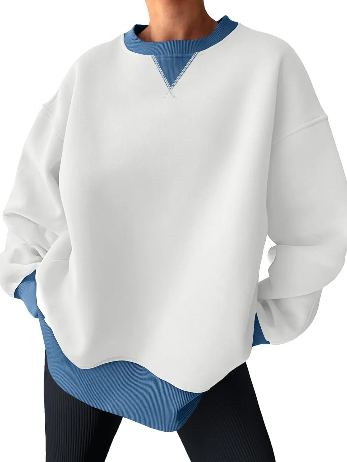Trendy Queen Women's Oversized Color Block Fleeced Crewneck Sweatshirt