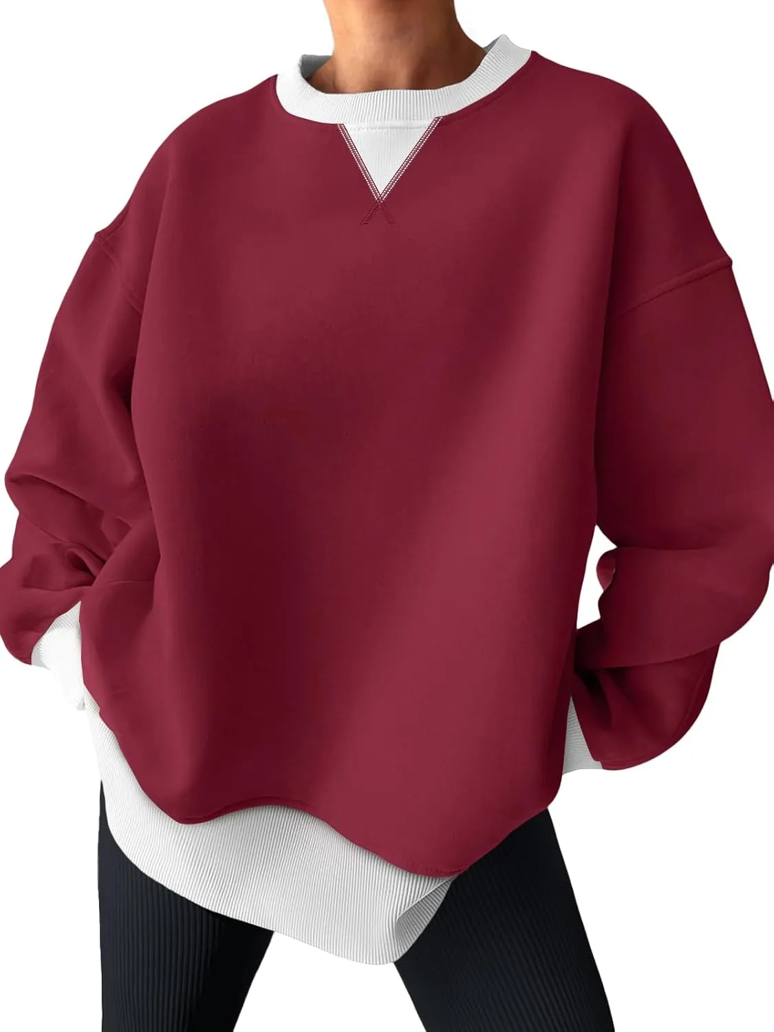 Trendy Queen Women's Oversized Color Block Fleeced Crewneck Sweatshirt
