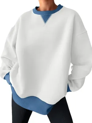 Trendy Queen Women's Oversized Color Block Fleeced Crewneck Sweatshirt