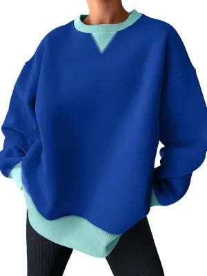 Trendy Queen Women's Oversized Color Block Fleeced Crewneck Sweatshirt