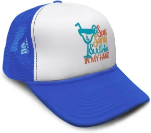 Trucker Hat Sun Sand A Drink in My Hand Summer Season Climate Sun Polyester