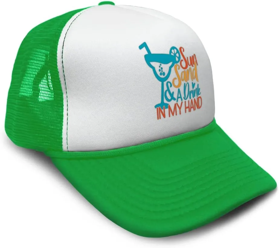 Trucker Hat Sun Sand A Drink in My Hand Summer Season Climate Sun Polyester