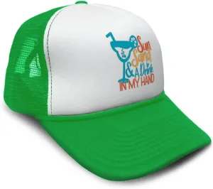 Trucker Hat Sun Sand A Drink in My Hand Summer Season Climate Sun Polyester