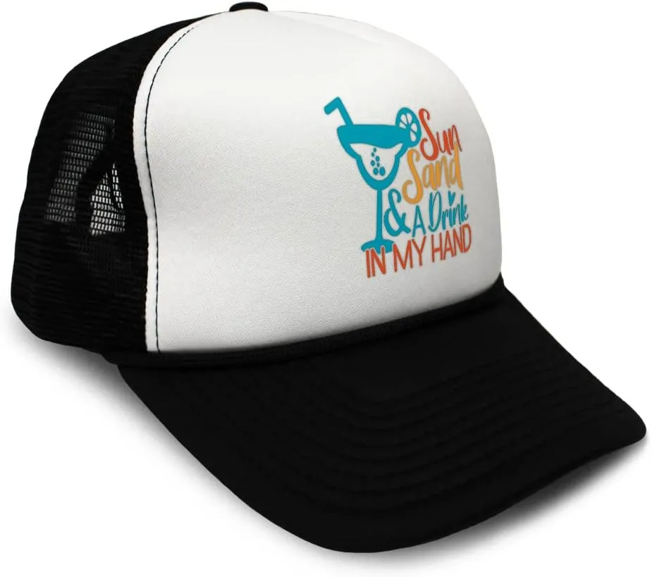 Trucker Hat Sun Sand A Drink in My Hand Summer Season Climate Sun Polyester