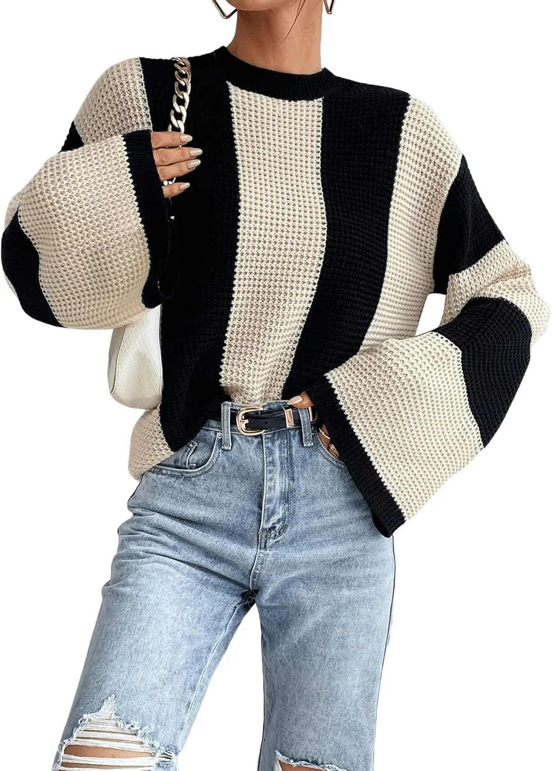 Verdusa Women's Colorblock Bell Sleeve Mock Neck Knit Sweater Pullover Top