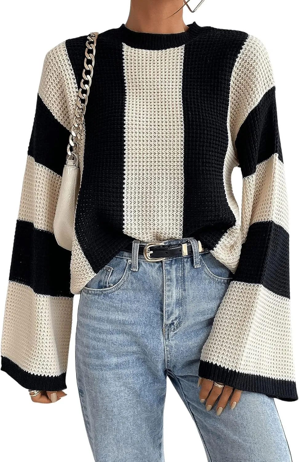 Verdusa Women's Colorblock Bell Sleeve Mock Neck Knit Sweater Pullover Top