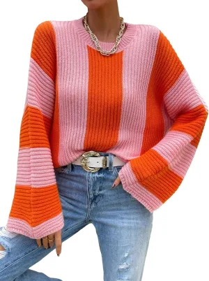 Verdusa Women's Colorblock Bell Sleeve Mock Neck Knit Sweater Pullover Top