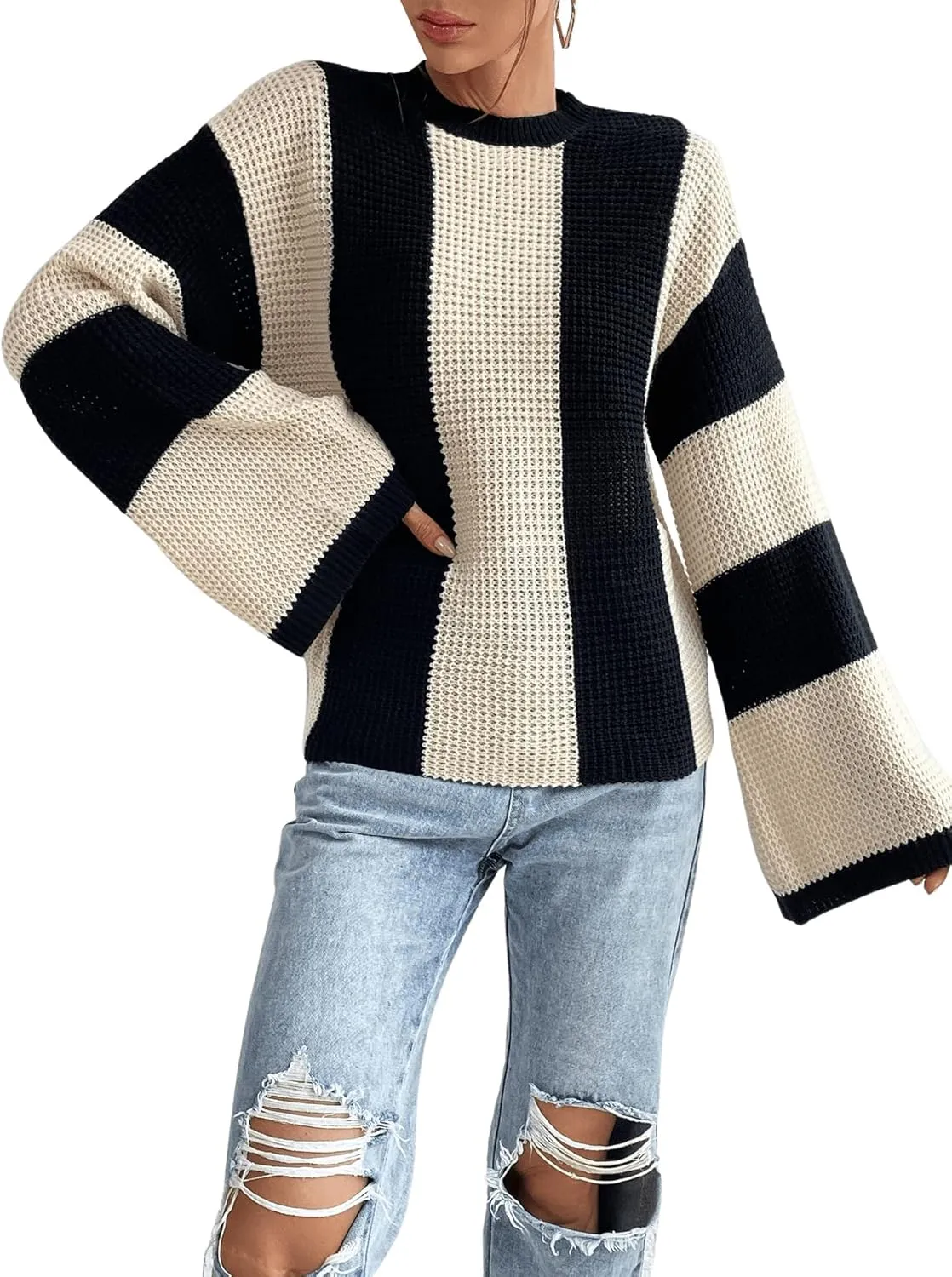 Verdusa Women's Colorblock Bell Sleeve Mock Neck Knit Sweater Pullover Top
