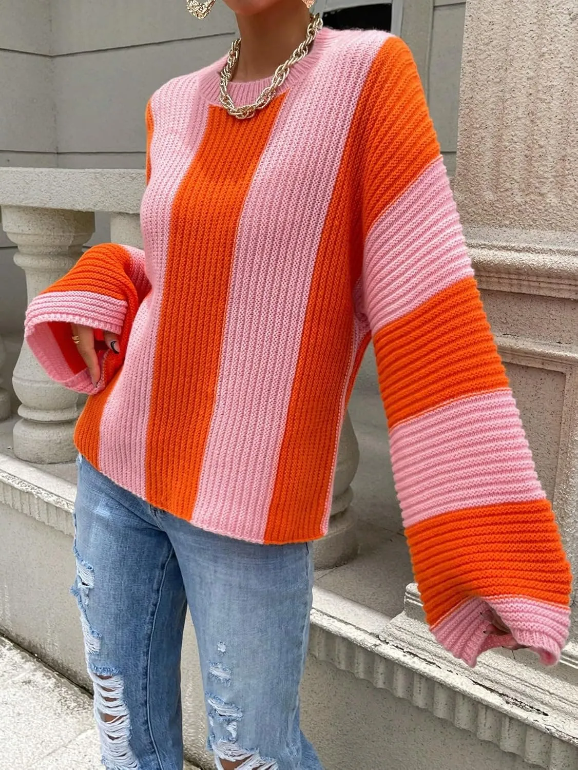 Verdusa Women's Colorblock Bell Sleeve Mock Neck Knit Sweater Pullover Top