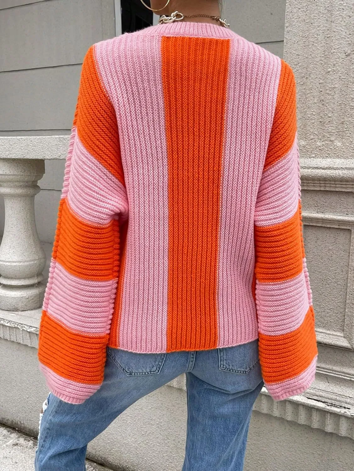 Verdusa Women's Colorblock Bell Sleeve Mock Neck Knit Sweater Pullover Top
