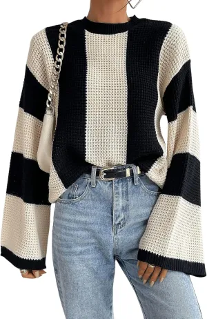Verdusa Women's Colorblock Bell Sleeve Mock Neck Knit Sweater Pullover Top