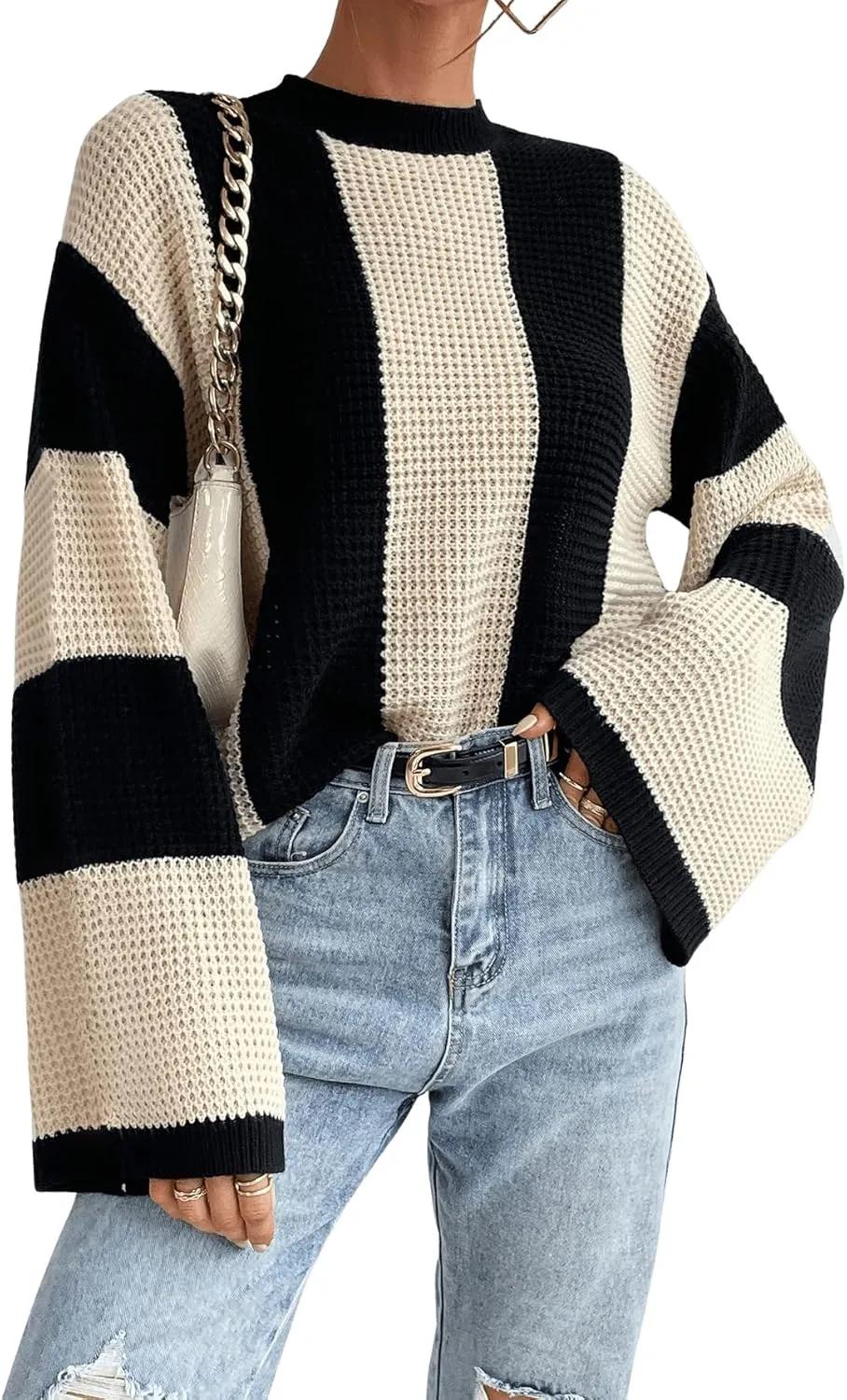Verdusa Women's Colorblock Bell Sleeve Mock Neck Knit Sweater Pullover Top