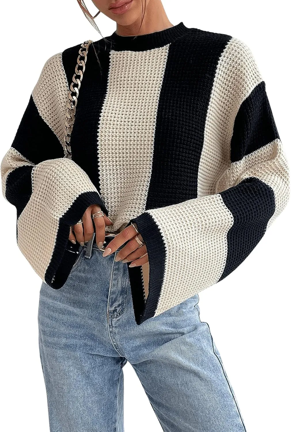 Verdusa Women's Colorblock Bell Sleeve Mock Neck Knit Sweater Pullover Top