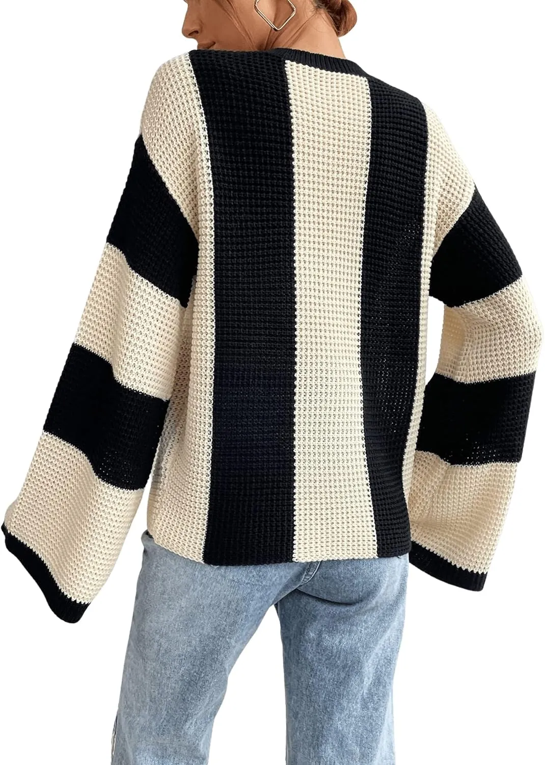 Verdusa Women's Colorblock Bell Sleeve Mock Neck Knit Sweater Pullover Top