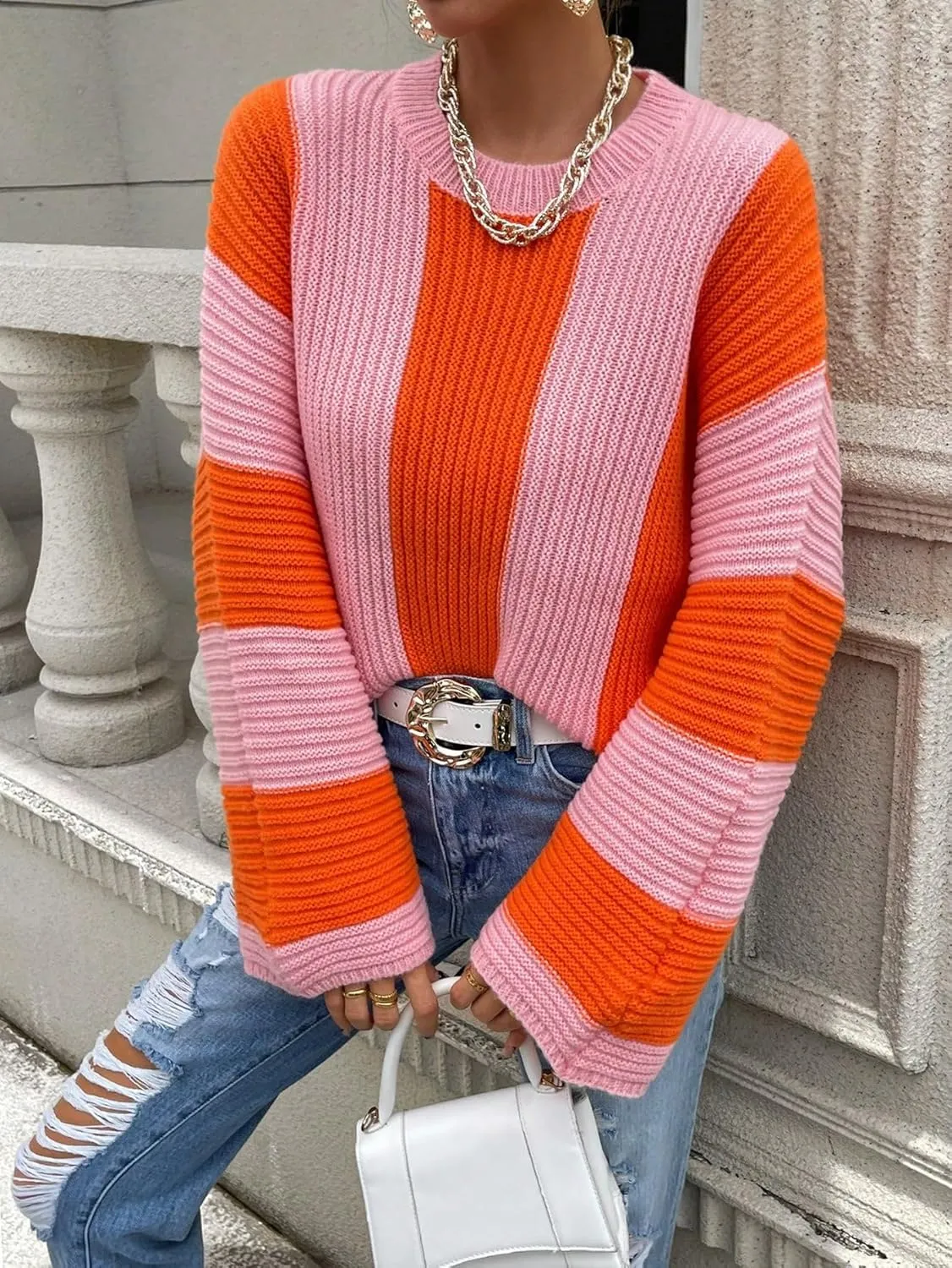 Verdusa Women's Colorblock Bell Sleeve Mock Neck Knit Sweater Pullover Top