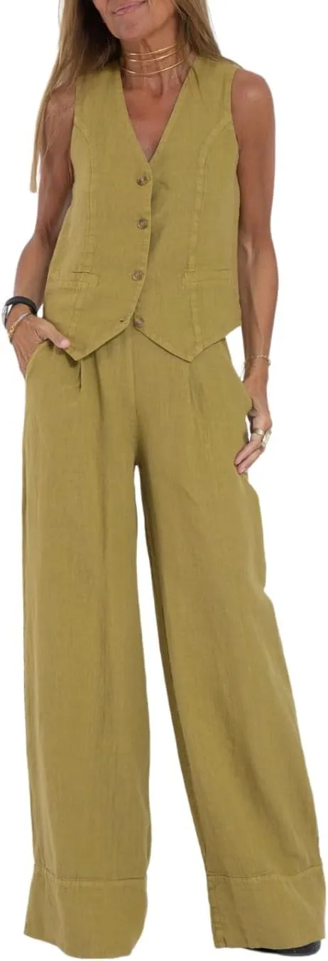 Vest Pant Suits for Women Cotton Linen Dressy Casual 2 Piece Sets Sleeveless 2024 Blazer Vest High Rise Wide Leg Pants Set