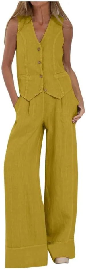Vest Pant Suits for Women Cotton Linen Dressy Casual 2 Piece Sets Sleeveless 2024 Blazer Vest High Rise Wide Leg Pants Set