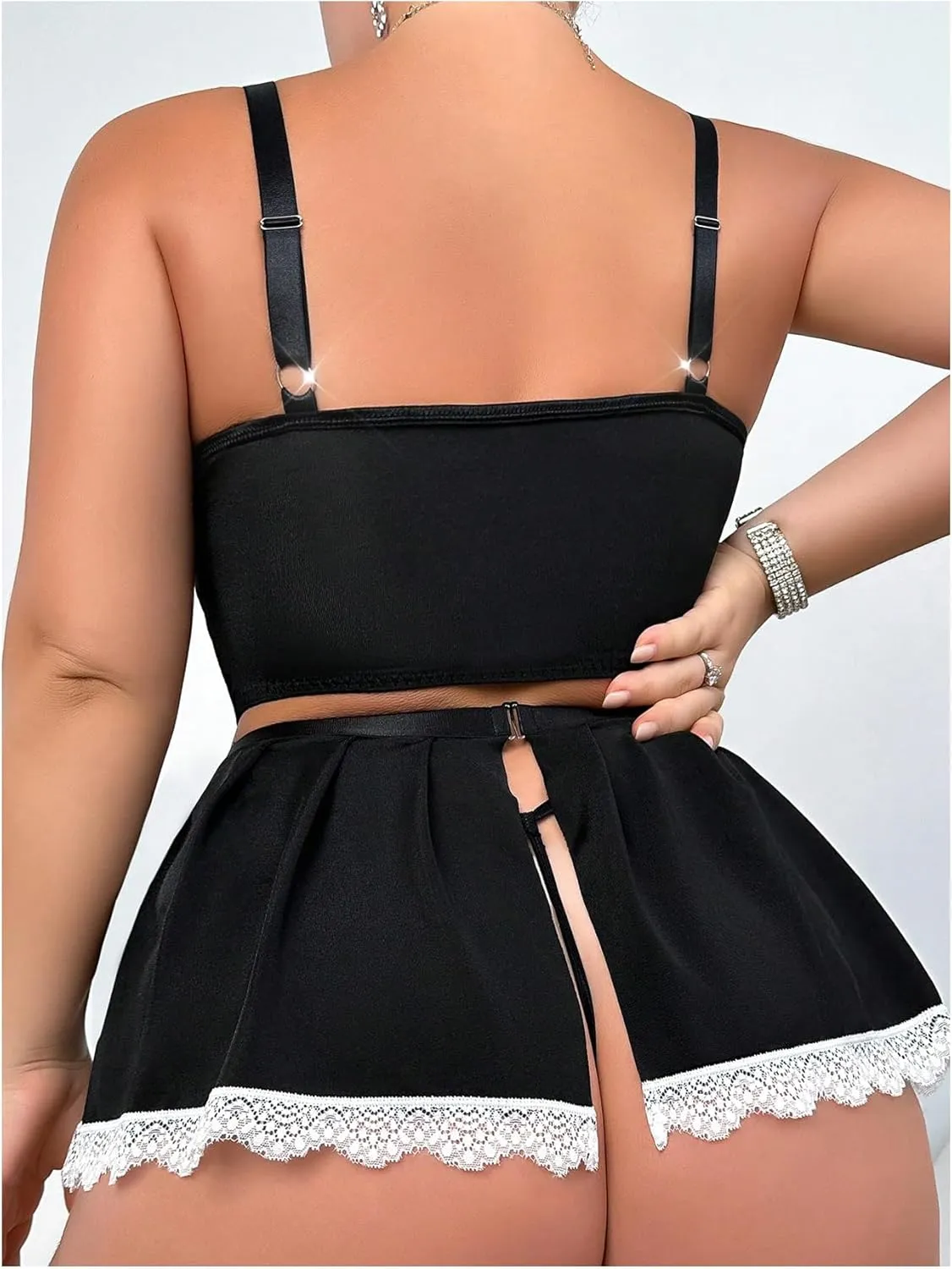 WDIRARA Women's Plus Size 5 Piece Color Block Lace Trim Tie Front Lingerie Set with Skirts