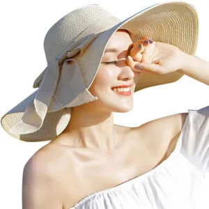 Women Fashion Sun Straw Hat Wide Brim Roll Up Lounce Beach Bowknot Floppy UV Protection Beach Travel Camping Foldable