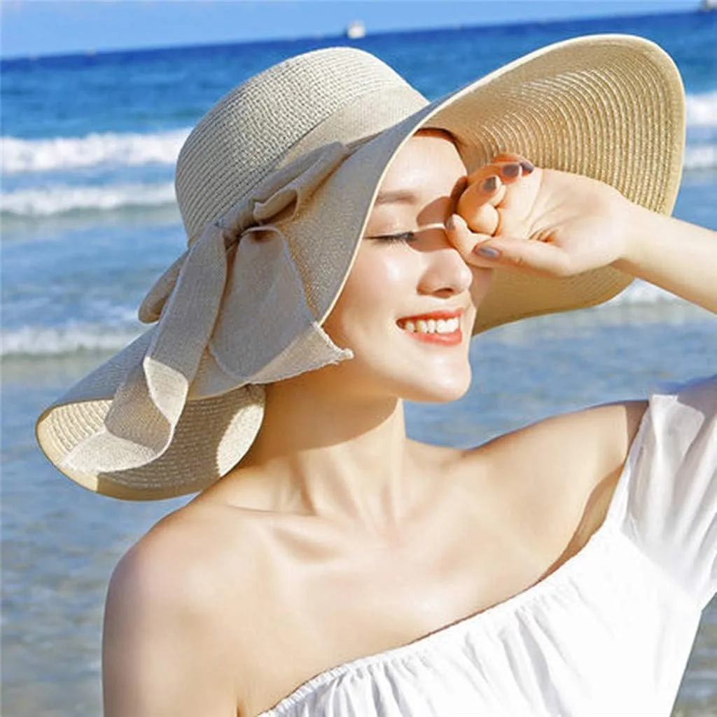 Women Fashion Sun Straw Hat Wide Brim Roll Up Lounce Beach Bowknot Floppy UV Protection Beach Travel Camping Foldable