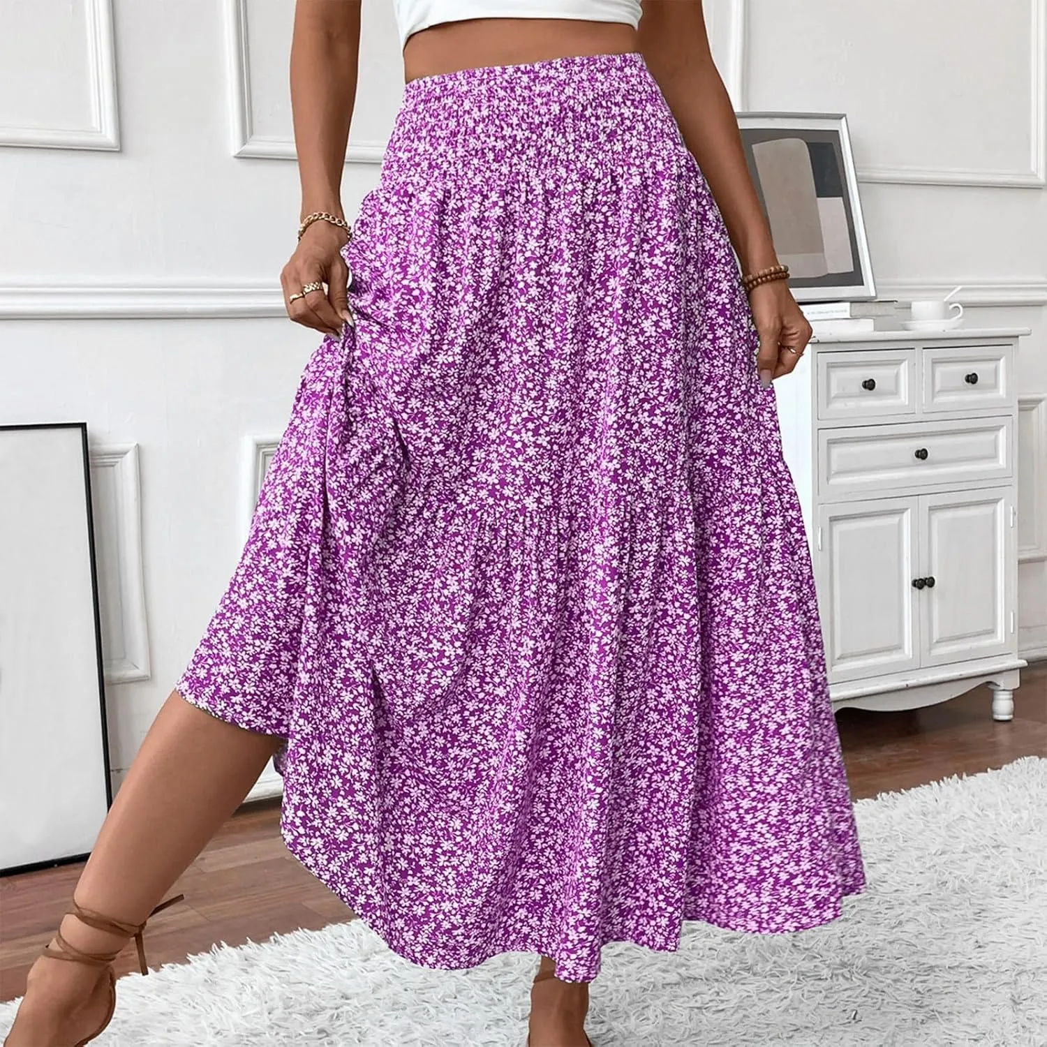 Women Floral Maxi Skirt Smocked High Waist Cotton Flowy Long Skirts Summer Boho Beach Hawaiian Vacation A Line Skirt