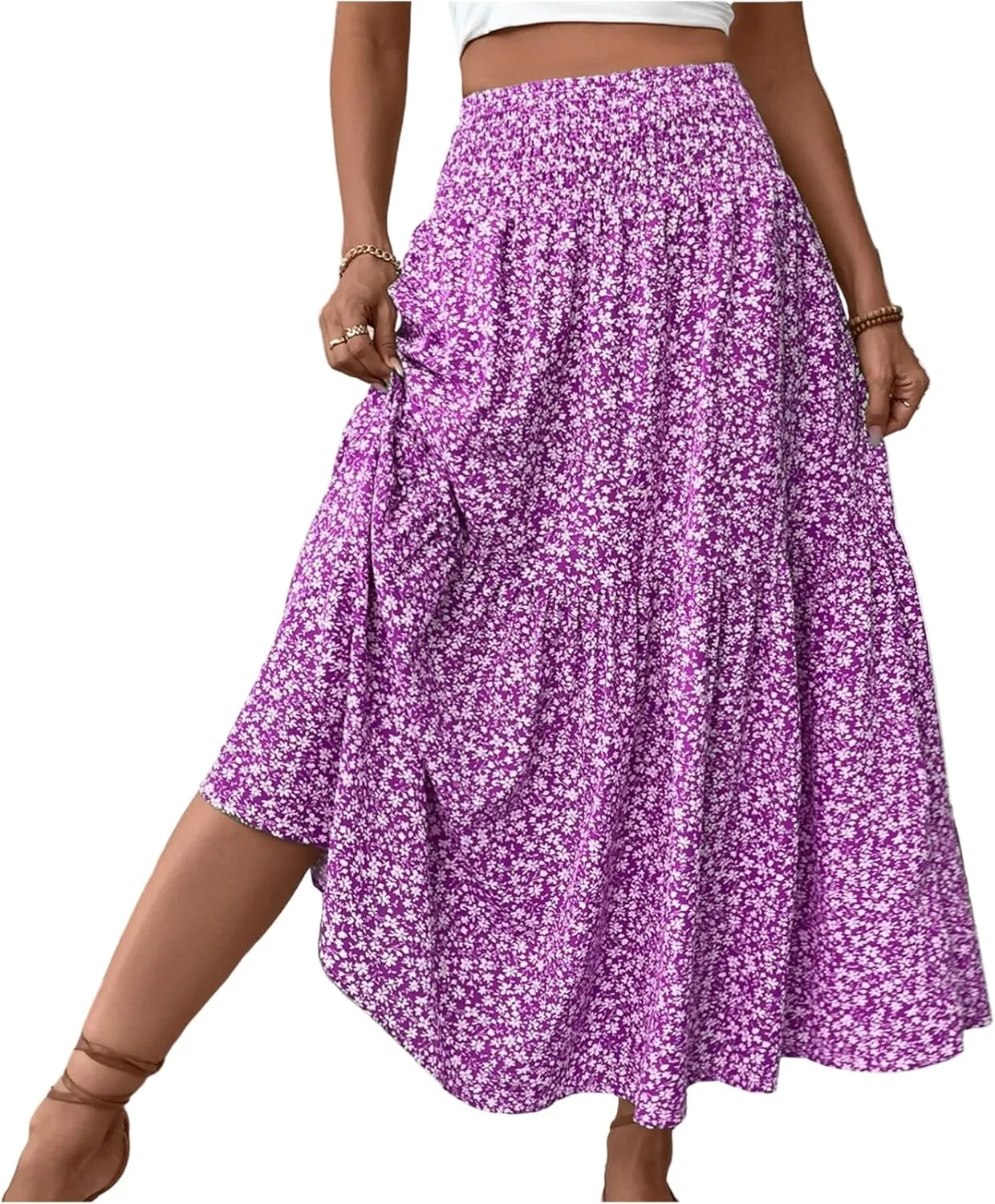 Women Floral Maxi Skirt Smocked High Waist Cotton Flowy Long Skirts Summer Boho Beach Hawaiian Vacation A Line Skirt