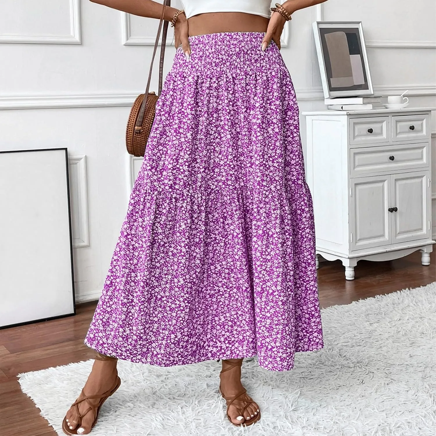 Women Floral Maxi Skirt Smocked High Waist Cotton Flowy Long Skirts Summer Boho Beach Hawaiian Vacation A Line Skirt