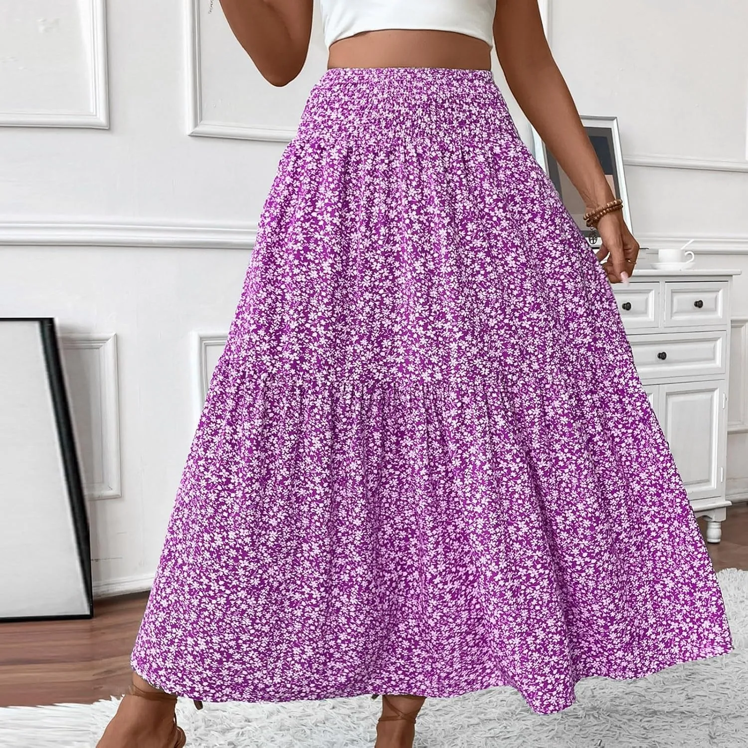 Women Floral Maxi Skirt Smocked High Waist Cotton Flowy Long Skirts Summer Boho Beach Hawaiian Vacation A Line Skirt