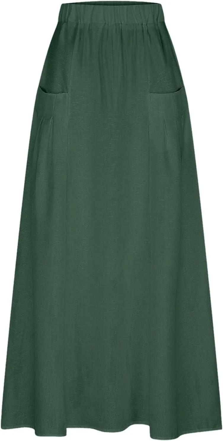 Women Linen Maxi Skirts Elastic Waist A-Line Long Skirt with Pocket Plus Size Summer Vacation Dress 2025 Trendy