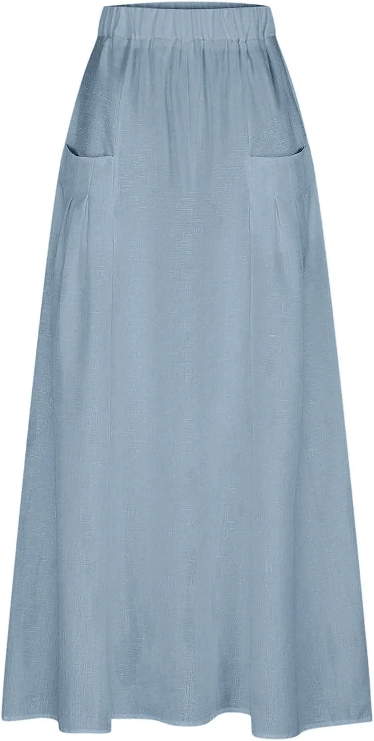 Women Linen Maxi Skirts Elastic Waist A-Line Long Skirt with Pocket Plus Size Summer Vacation Dress 2025 Trendy