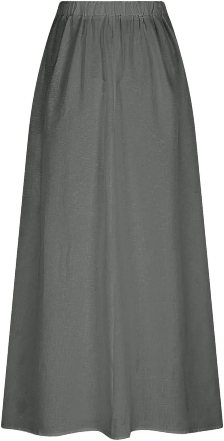 Women Linen Maxi Skirts Elastic Waist A-Line Long Skirt with Pocket Plus Size Summer Vacation Dress 2025 Trendy