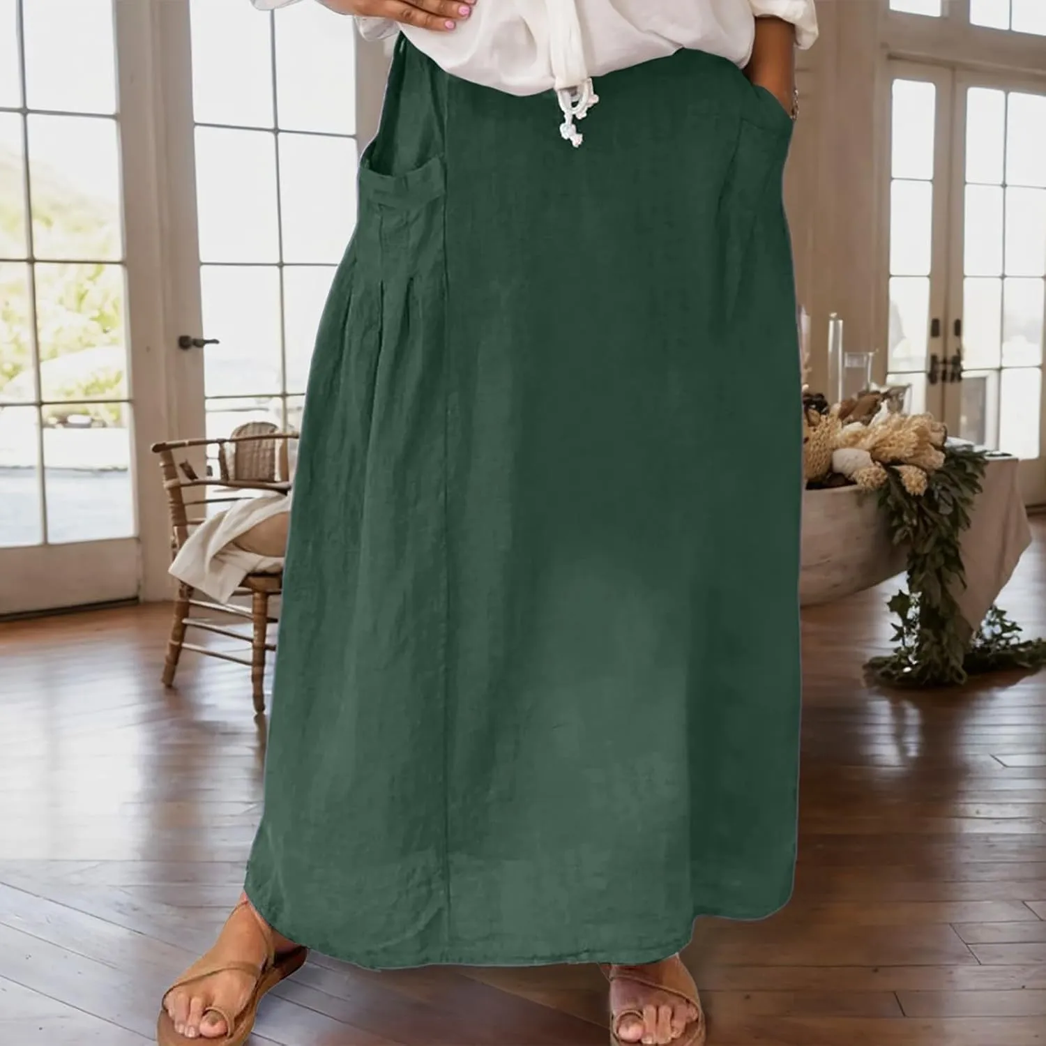 Women Linen Maxi Skirts Elastic Waist A-Line Long Skirt with Pocket Plus Size Summer Vacation Dress 2025 Trendy