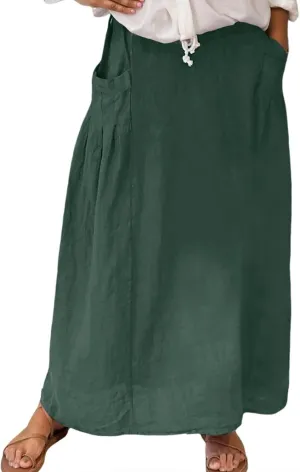 Women Linen Maxi Skirts Elastic Waist A-Line Long Skirt with Pocket Plus Size Summer Vacation Dress 2025 Trendy
